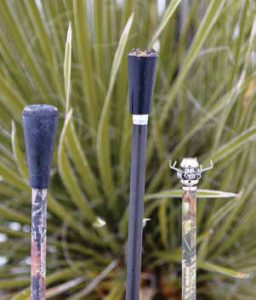Some of the different arrow tips include a rubber blunt arrow point (left), a bludgeon (center), and a clawed-blunt tip (right). New Mexico Wildlife magazine, NMDGF