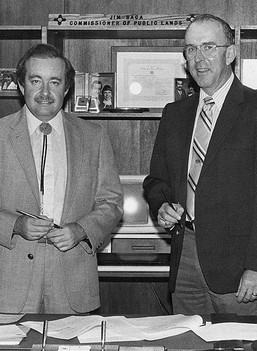 Harold Olson (right) and Jim Baca, then state land commissioner. Photo: NMDGF. New Mexico Wildlife Magazine, Vol-48, Num-3 Fall 2003. (Making Tracks: A Century of Wildlife Management. (History of the New Mexico Department of Game and Fish).