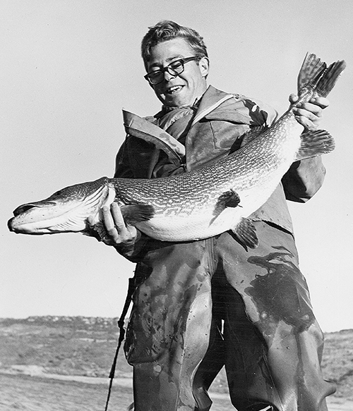 Bob Patterson lands a Miami Lake northern. Photo: John G. Whitcomb. New Mexico Wildlife Magazine, Vol-48, Num-1 Spring 2003. (Making Tracks: A Century of Wildlife Management. (History of the New Mexico Department of Game and Fish).