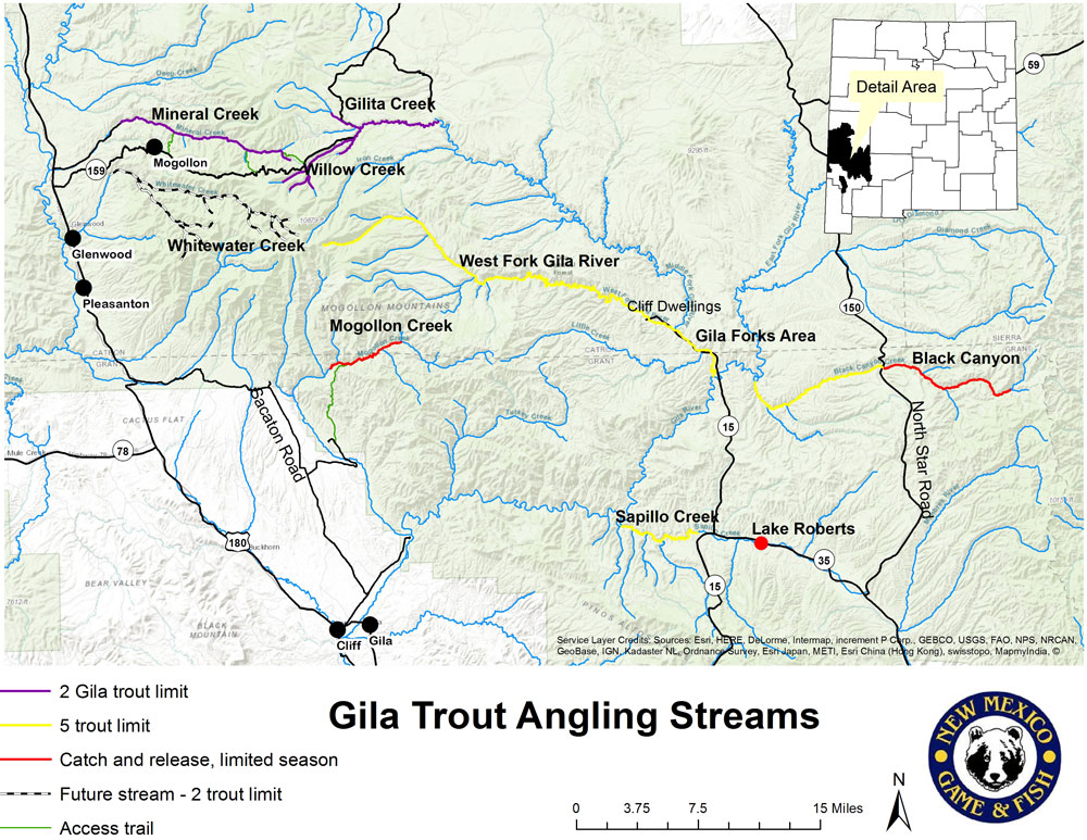 Where to go for Gila trout (map), New Mexico Wildlife magazine Spring 2017 Vol60, Num1, New Mexico Department of Game and Fish.